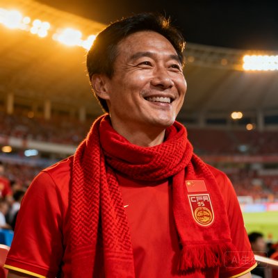 一位身穿中国队红色球衣的男性球迷头像，年龄约35岁，戴着围巾在球场看台上微笑，背景是夜晚的体育场灯光